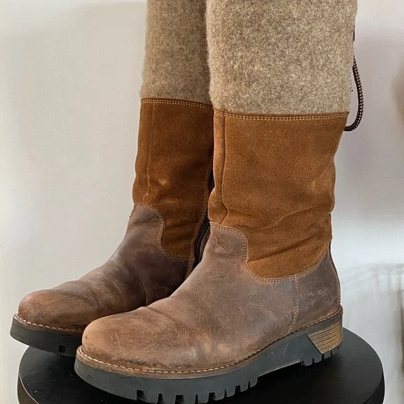 Womens Brown Leather and Wool Platform Boots - Picture 2 of 16